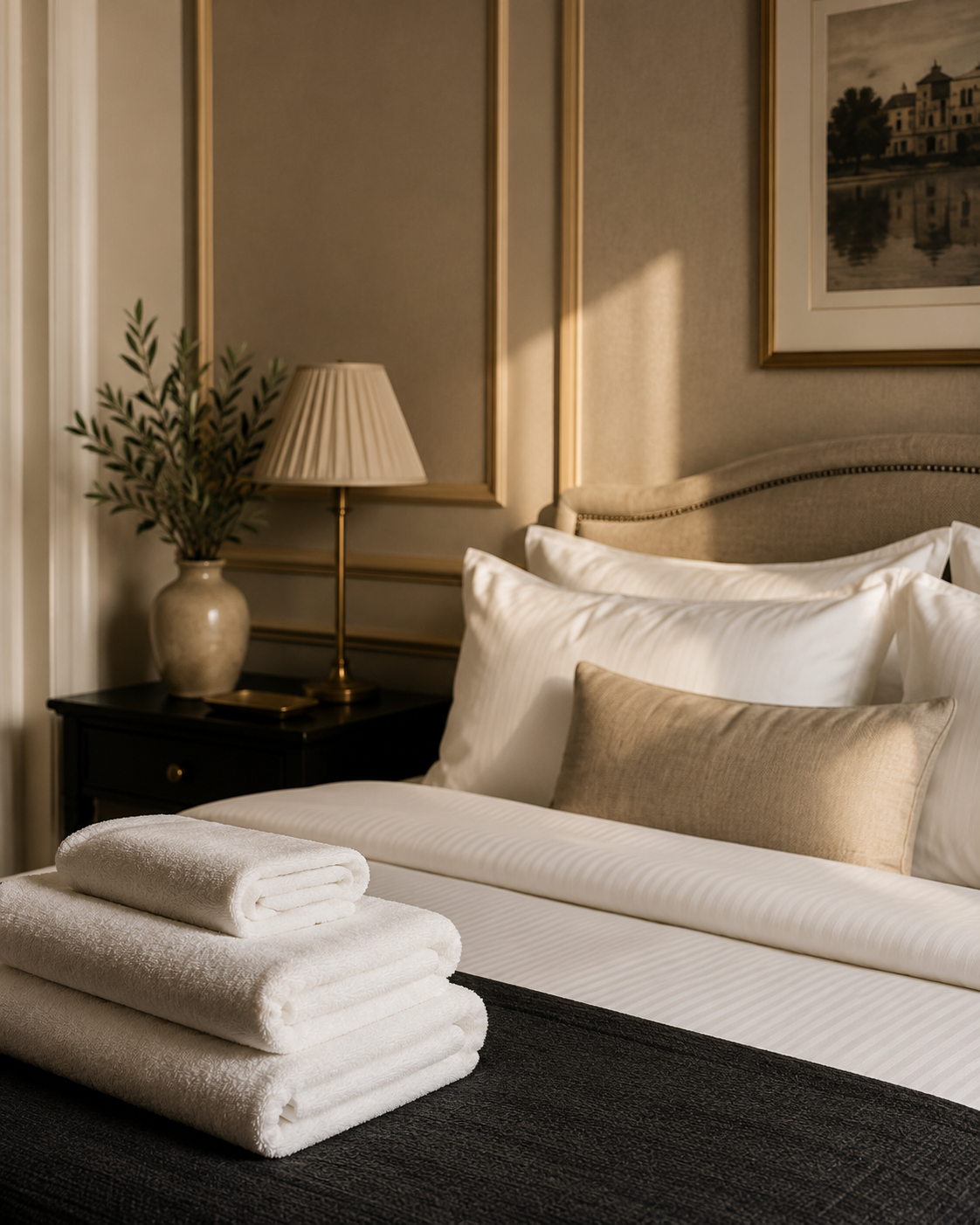 Standards hôteliers CAMBRA — femme de chambre en uniforme prépare le linge premium